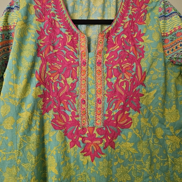 Biba 100% Cotton Floral Embroidered Green, Pink, And Yellow Kurta Dress Sz 38/XL - Picture 3 of 8
